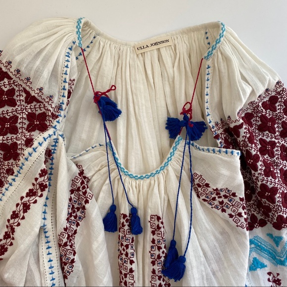 Ulla Johnson | Mila Embroidered Boho Blouse Top With Tassels - Picture 7 of 8